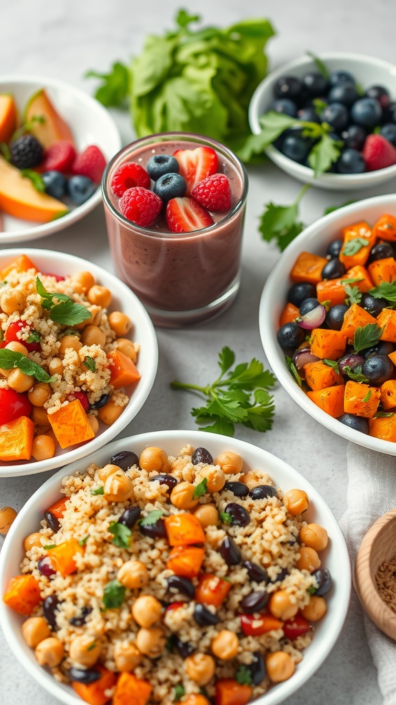 An inviting display of vibrant vegan meals including smoothie bowls, quinoa salads, and vegetable stir-fries.